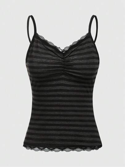 ROMWE Sommer Lässig vielseitiges schwarz & grau gestreiftes Spitzenbesatz Trägerhemd