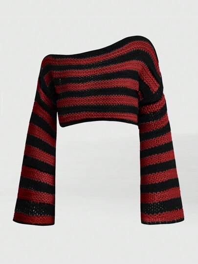 Goth Pull femme à col asymétrique rayé, manches évasées, manches longues