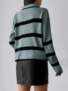 EURMUSE Jersey con patrón de rayas con cremallera media de hombros caídos - Gris - Ver 3
