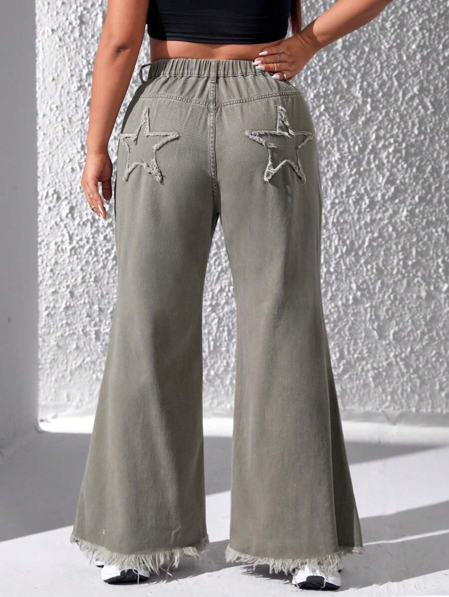 SHEIN EZwear 大尺碼女式放鬆版型牛仔褲,星星補丁和毛邊造型 - 軍綠色 - 查看 1