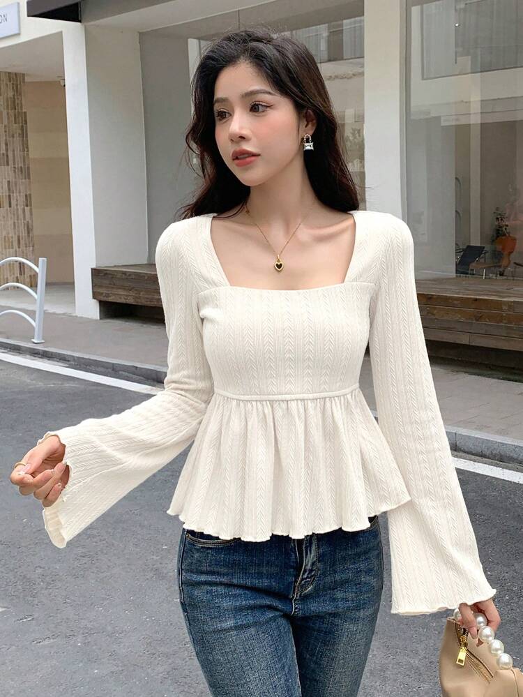 Solid Color Square Neck Long Sleeve Slim Fit T-Shirt,Ruffle,Babydoll Top