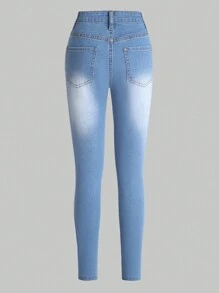 青少女新款破洞漂洗斜口袋牛仔褲 - 中等水洗藍 - 查看 2