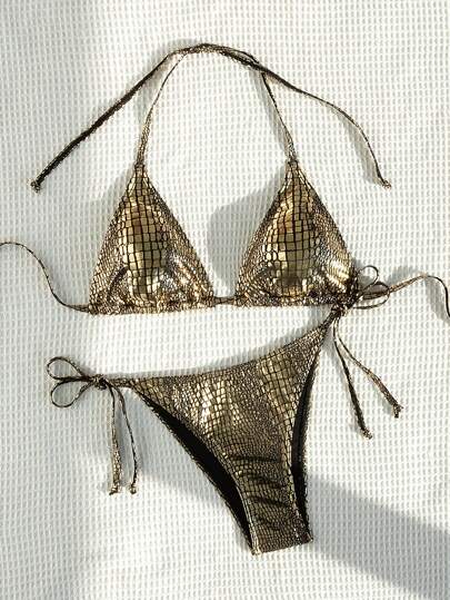 Swim Vcay 2pcs/Set Women's Metal Texture Halter Tie Sexy Bikini Swimwear For Beach Vacation, Year 2025 Summer