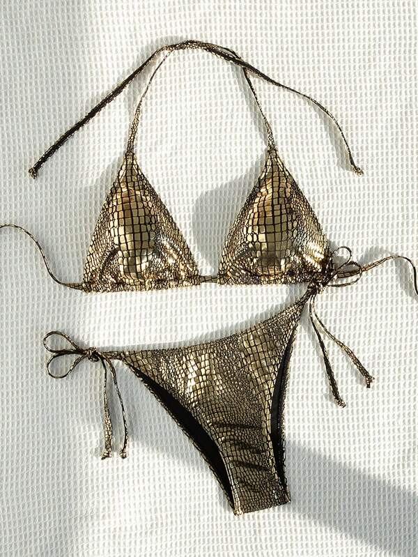 Swim Vcay 2 pezzi/set Costume da bagno bikini con texture metallica, lacci al collo, sexy per donne, adatto per spiaggia e vacanze, estate 2025