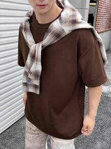 Manfinity Hypemode 男士宽松圆领纯色落肩短袖 T 恤，韩版时尚，适合外出 - 棕色 - 查看 5