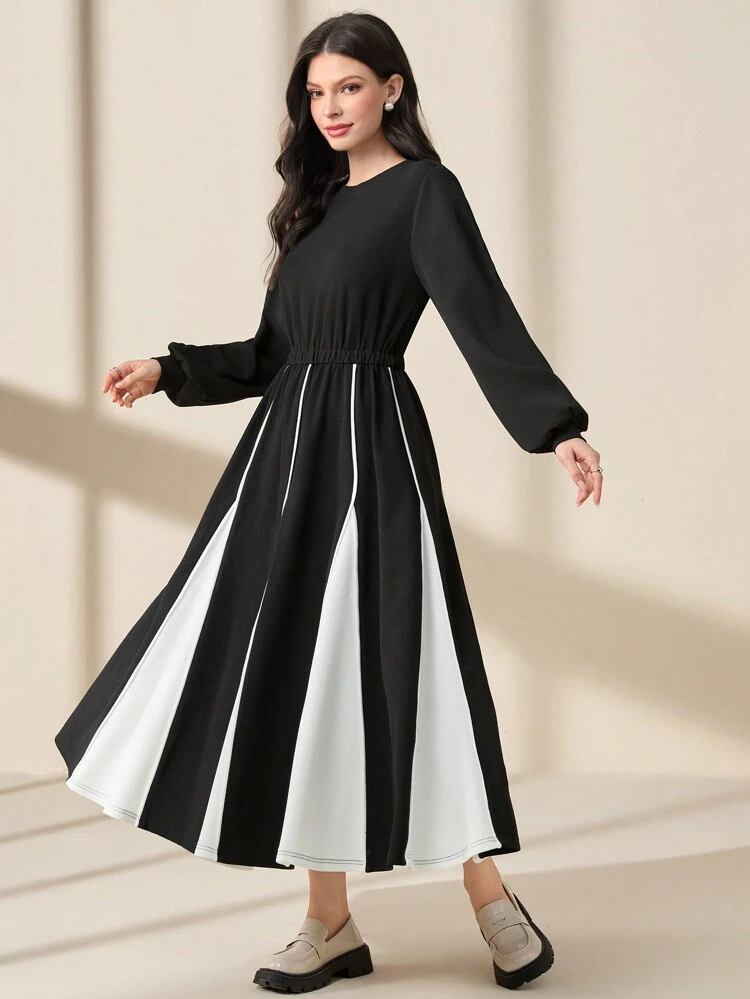 Women's Round Neck Contrast Color Cinched Waist Lantern Sleeve Dress