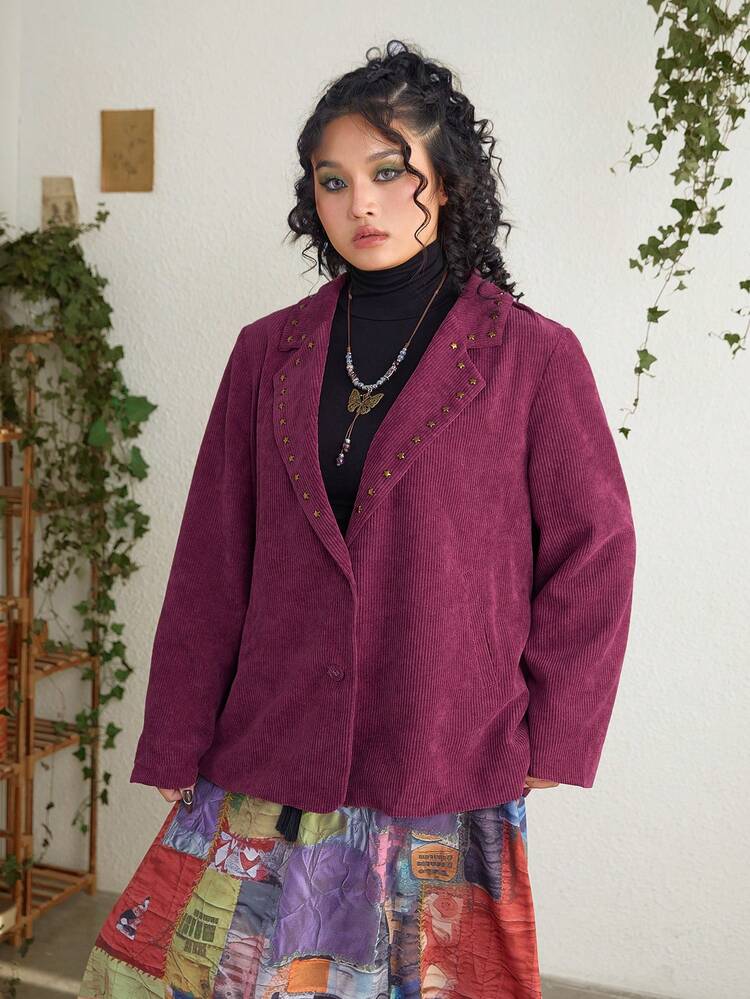 Women's Plus Size Rivet Decor Turn-down Collar Single-breasted Jacket