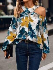 SHEIN Clasi Women's Cold Shoulder Floral Print Blouse - Blue - View 5