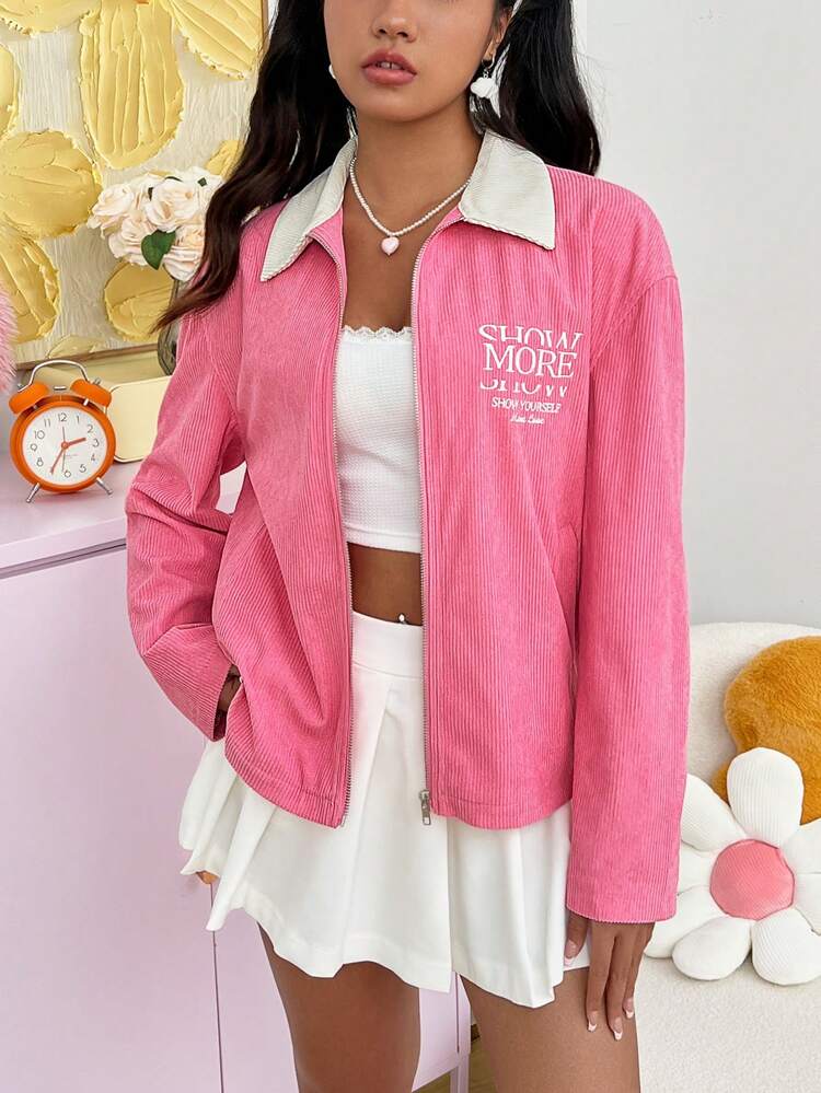 Women's Letter Embroidered Corduroy Collar Jacket