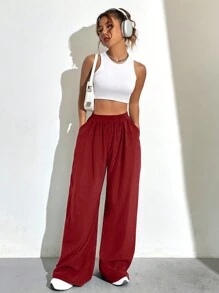SHEIN Unity Pantalones De Piernas Anchas De Color Sólido Para Mujer - Rojo - Ver 6