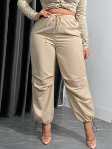 SHEIN SXY 女士加大號純色拉繩腰帶和錐形腳運動長褲 - 卡其色 - 查看 5