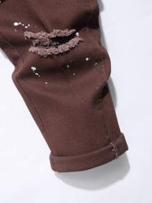 Manfinity Roughcore Men's Frayed Distressed Ripped Jeans With Ink-splatter Print And Button Fly Closure - Coffee Brown - View 6