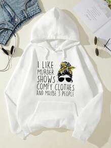 SHEIN LUNE Women's Letter & Character Print Hooded Sweatshirt With Drawstring - White - View 1