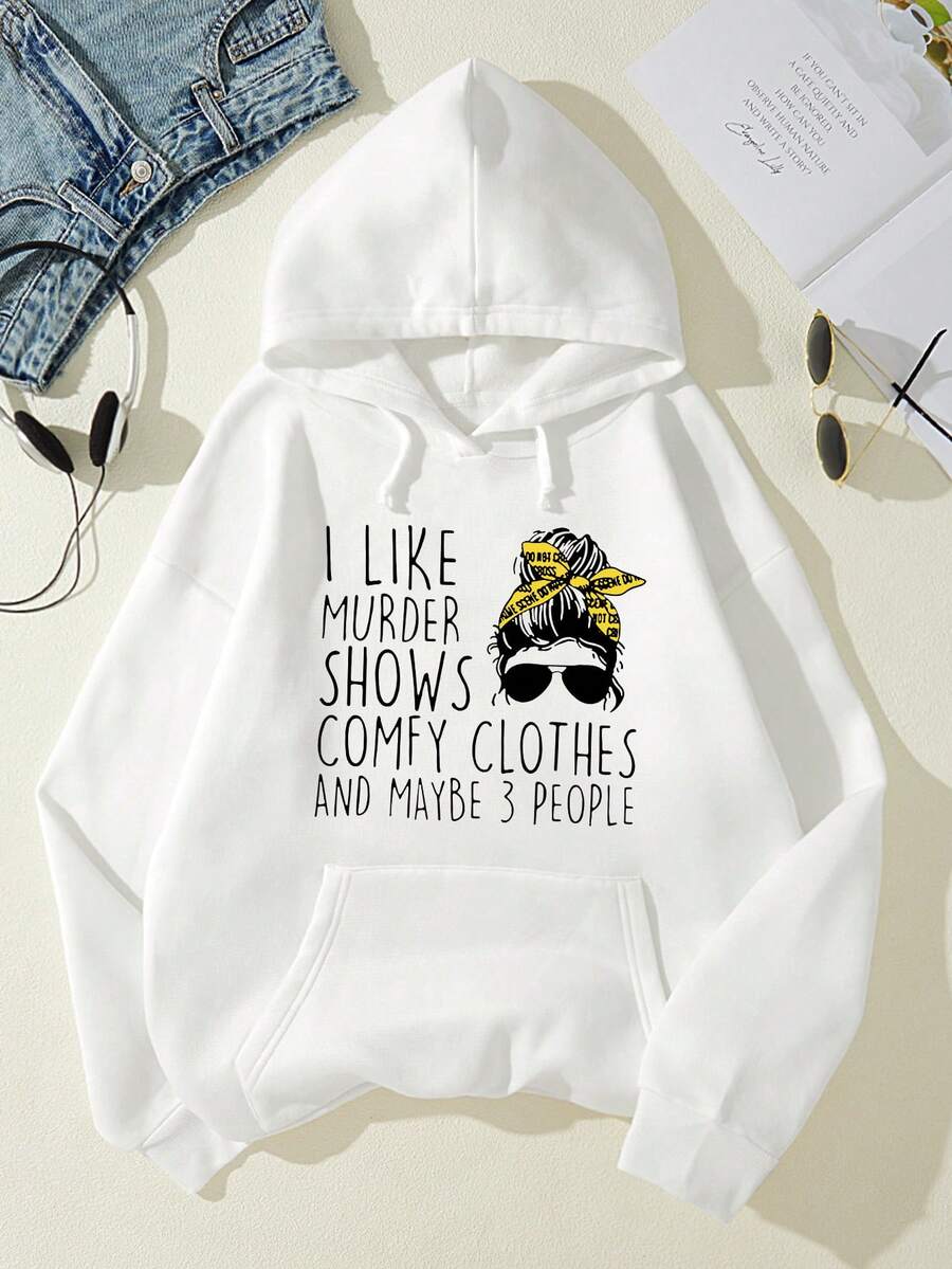 SHEIN LUNE Women's Letter & Character Print Hooded Sweatshirt With Drawstring - White - View 1