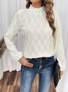 SHEIN Frenchy Women's Lantern Sleeve Shirt With Hollow Out Embroidery, Back Button Detail - Apricot - View 3
