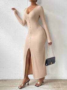 SHEIN Essnce Women's V-neck Slim Fit Button Front Slit Hem Dress - Apricot - View 4