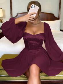 D&M Dệt hoa Vá lại Chiffon Lỏng lẻo Hem Tay áo dài Đầm tiệc rượu - Màu đỏ tím - Xem 1