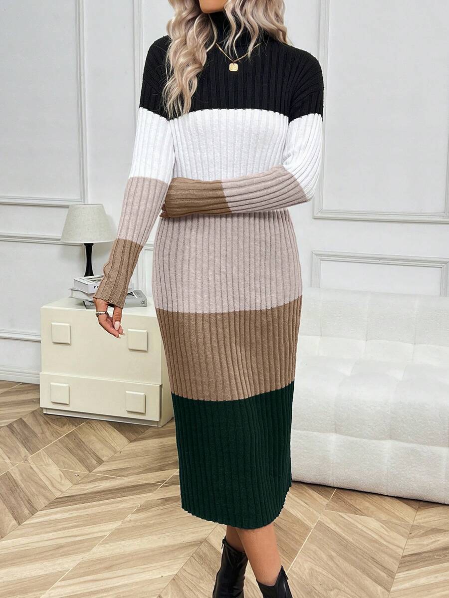 SHEIN LUNE Women's Colorblock High Neck Sweater Dress - Multicolor - View 1