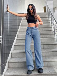 SHEIN Cottnline High Waisted Straight Leg Jeans, Washed - Blue - View 4