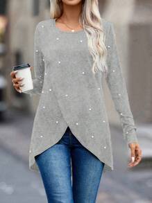 EMERY ROSE 女款長袖 T 卹,搭配裹身下擺和串珠細節 - 灰色 - 查看 1