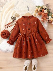 SHEIN Nhỏ bé Cô gái In hoa Đầm Với Ren Chi tiết Và Phù hợp Cái túi Đã Bao gồm - Cà phê - Xem 2