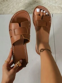 韩版女士休闲平底拖鞋夏季露趾透气凉鞋秋季新款编织罗马沙滩鞋法式女士配套裙子户外海边沙滩H款夏季波西米亚风平底度假沙滩鞋 - 棕色 - 查看 5