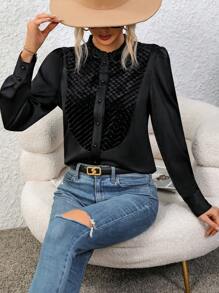 SHEIN Clasi Của phụ nữ Đen Áo sơ mi Với Ren cổ áo - màu đen - Xem 4