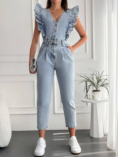 Volang Trim Button Front Denim Jumpsuit