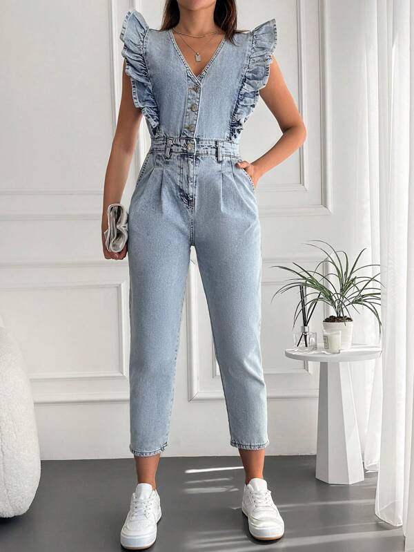 EURMUSE Ruffle Trim Button Front Denim Jumpsuit