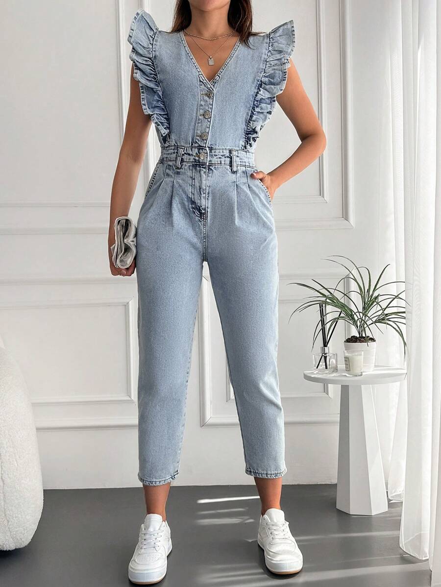 Ruffle Trim Button Front Denim Jumpsuit - Light Wash - View 1