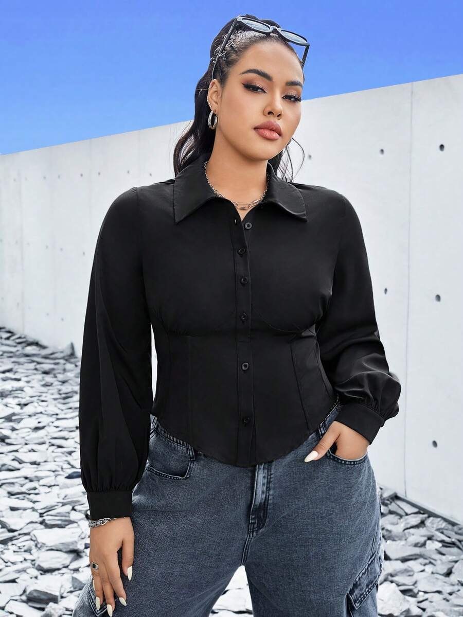 SHEIN EZwear Của phụ nữ Kích thước lớn Chất rắn Có màu sắc Eo Kẹp chặt Áo sơ mi - màu đen - Xem 1