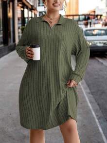 SHEIN CURVE+ Của phụ nữ Kích thước lớn Sọc Thả vai Đầm Với Quay xuống Vòng cổ - xanh quân đội - Xem 3