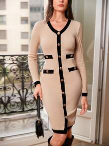 SHEIN Clasi Women's Color Block Edge Commute Dress - Khaki - View 1