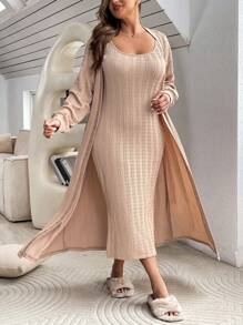 SHEIN Essnce Conjunto De Dos Piezas De Vestido Camisola Y Ropa De Abrigo De Talla Grande - Albaricoque - Ver 6