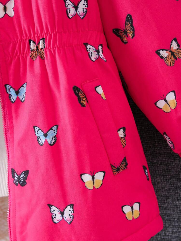 SHEIN Abrigo Acolchado Con Capucha Y Cuello De Polar Con Estampado De Mariposas Para Niña - Rosa Fucsia - Añade 7