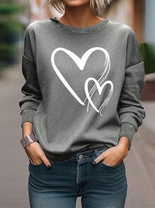 EMERY ROSE Của phụ nữ Tim In Thả vai Áo nỉ - Màu xám đen - Xem 1