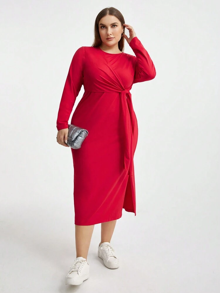 Plus Size Knot Front Long Sleeve Dress