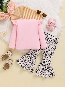 SHEIN Baby Girl Letter & Cartoon Graphic Ruffle Trim Tee & Flare Leg Pants Without Headband - Pink - View 2