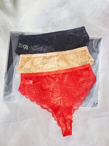 3pcs Solid Color Lace Splicing Triangle Panties Lingerie
