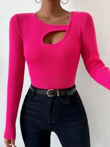 Chiquease 女士不对称领口镂空毛衣 - 玫紅色 - 查看 1