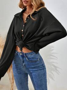 EMERY ROSE Women's Drop Shoulder V-Neck Half Button Tee Fall Cloth For Women - Black - View 5