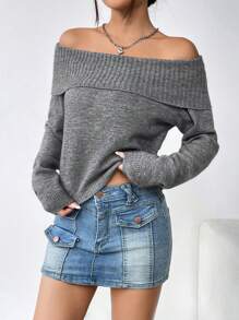 Flirla Solid Color Ribbed Off Shoulder Long Sleeve Knit Pullover Fall Winter Sweater - Grey - View 5