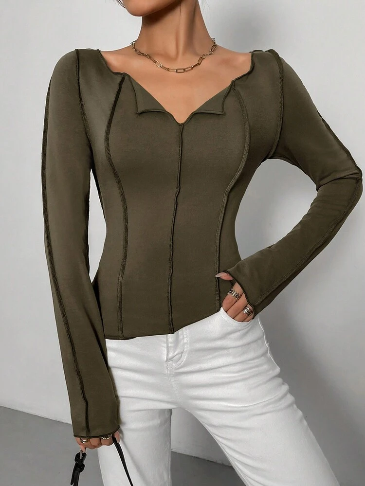 Women Spring And Autumn Leisure Solid Color Notch Neckline Contrast Stitching Long Sleeve T-Shirt