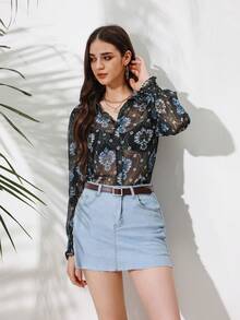 SHEIN VCAY Floral Printed Long Sleeve Mesh Sheer Blouse - Multicolor - View 5