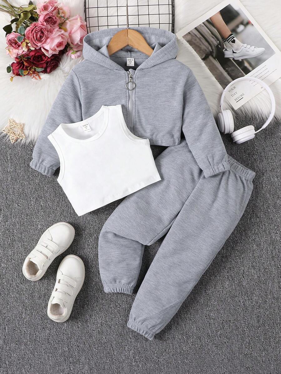 SHEIN 幼兒女孩背心上衣 + 連帽衫 + 運動褲 3 件套 - 灰色 - 查看 1