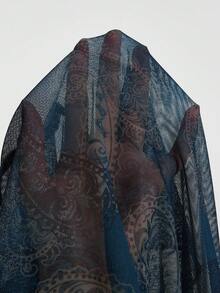 ROMWE Hippie 復古印花蕾絲綁帶上衣 - 藏蓝色 - 查看 5