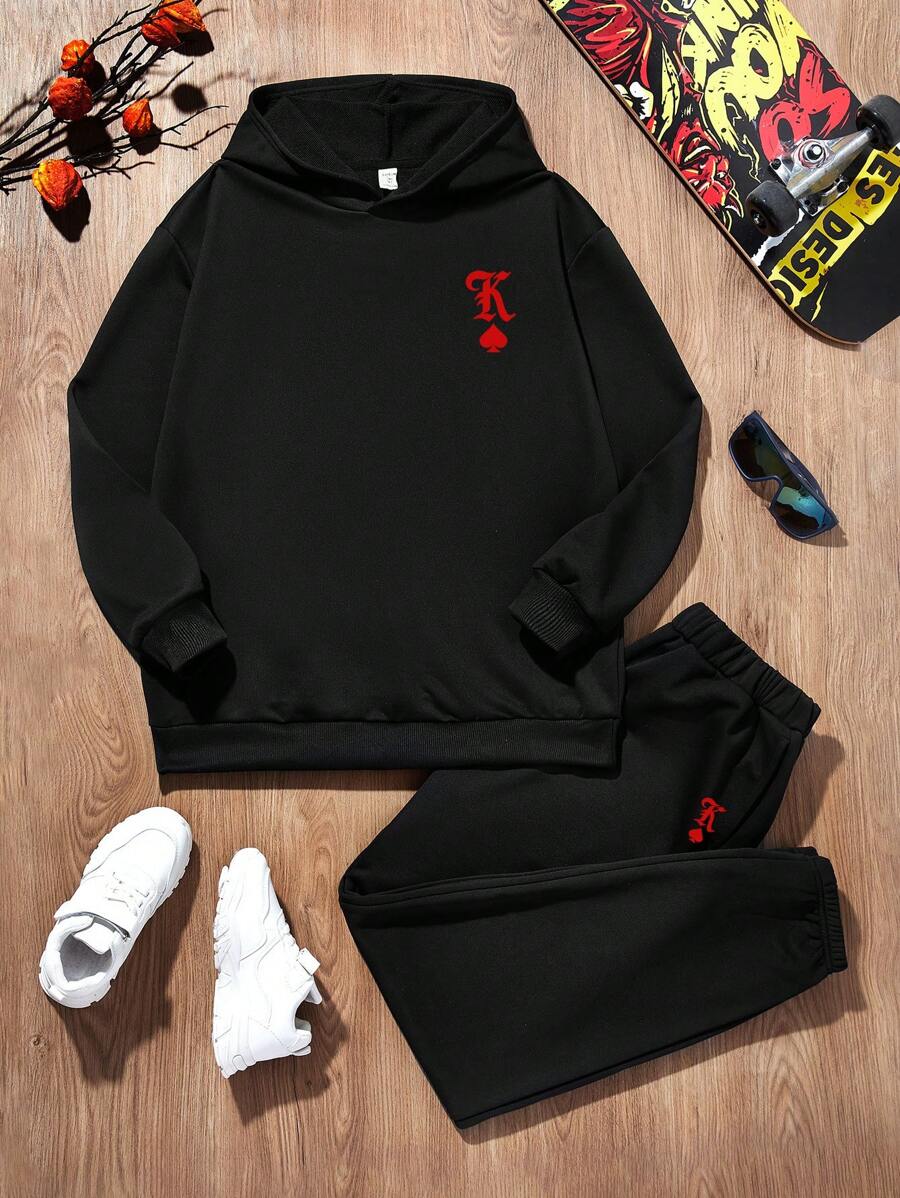 Thiếu niên con trai Giải trí Mẫu chữ Áo nỉ có mũ Bộ Thích hợp Đối với Mùa thu Và Mùa Đông - màu đen - Xem 1