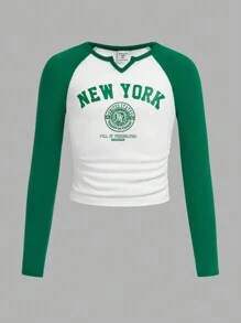 SHEIN Tween女孩色塊字母印花拉幫袖t恤 - 綠色 - 查看 1