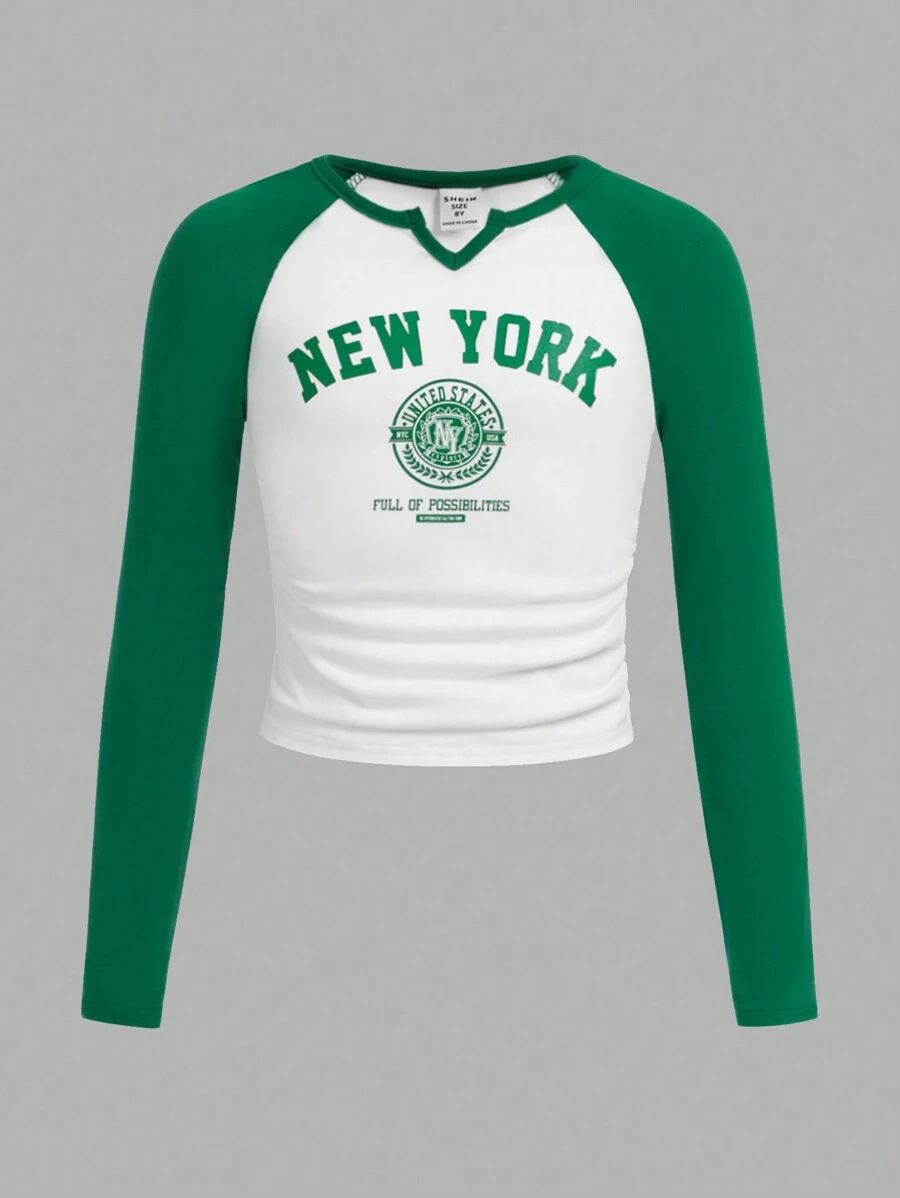 SHEIN Tween女孩色塊字母印花拉幫袖t恤 - 綠色 - 查看 1