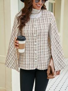 SHEIN Frenchy Fashionable Plaid Cape Woolen Coat - Apricot - View 4